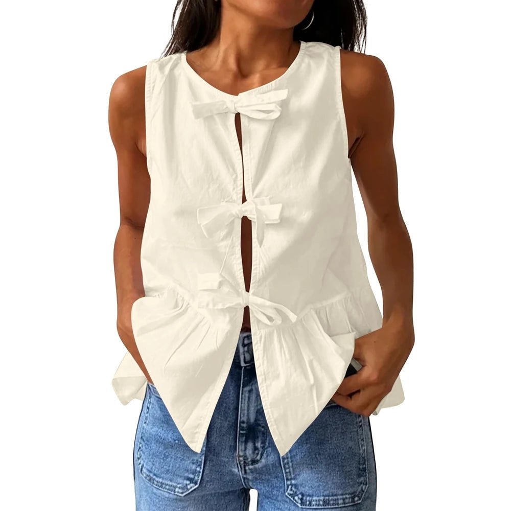 SOERA Bianca Bow - Tie Peplum Tank Top - Top -  Beige S