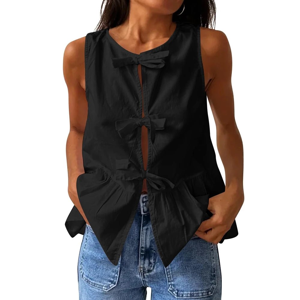 SOERA Bianca Bow - Tie Peplum Tank Top - Top -  Black S