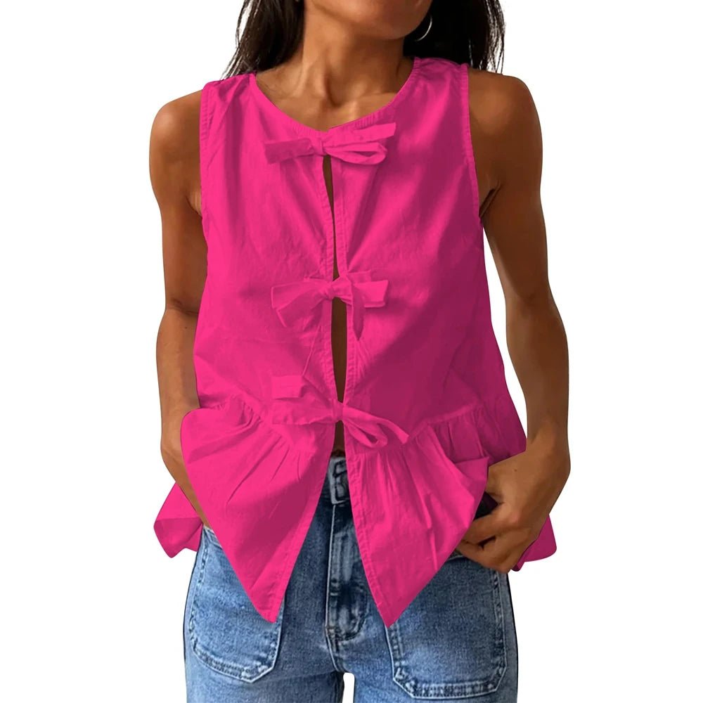 SOERA Bianca Bow - Tie Peplum Tank Top - Top -  Hot Pink S