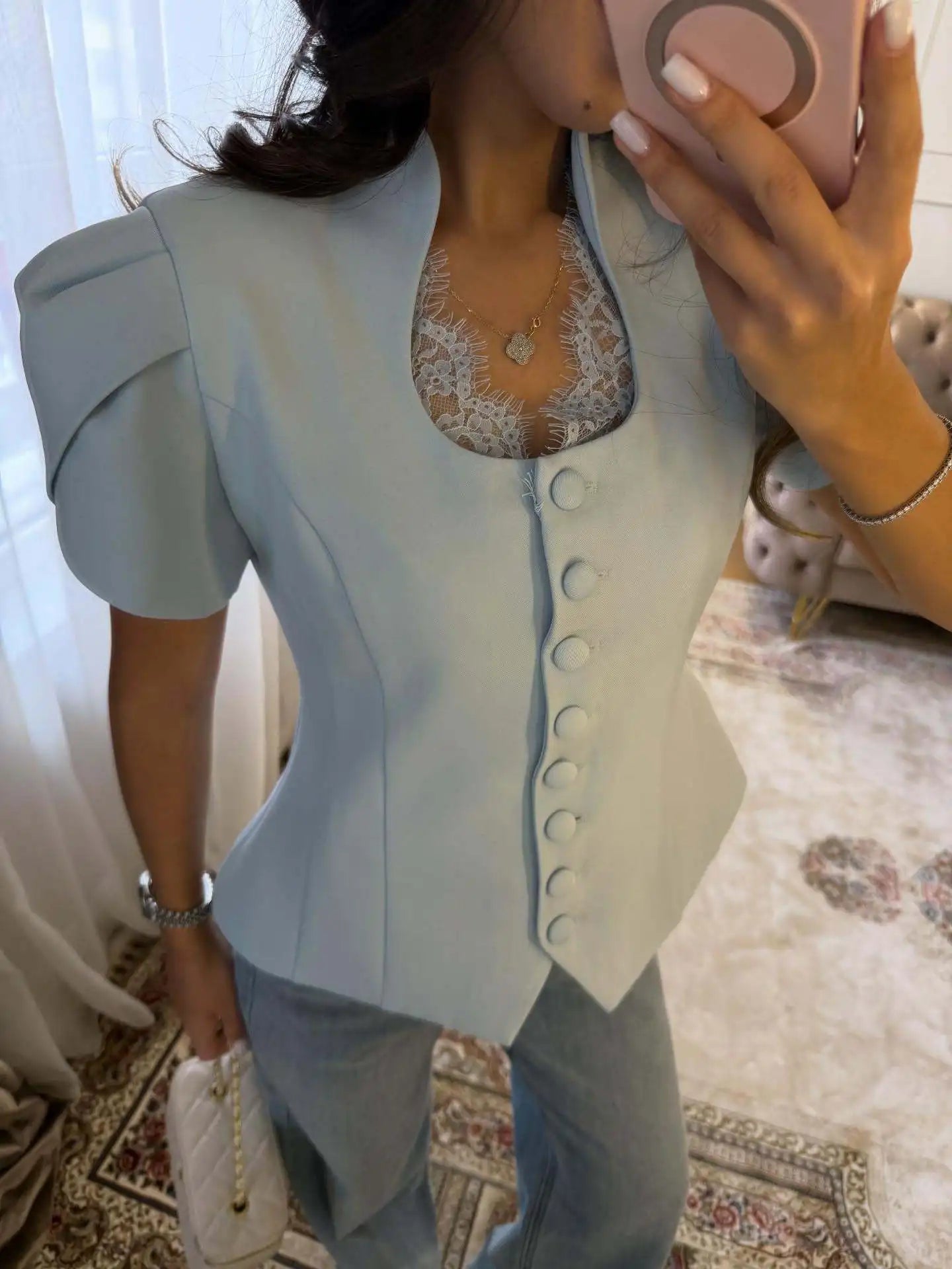 SOERA Bianca Button Front Stand Collar Top - Tops -  Blue S