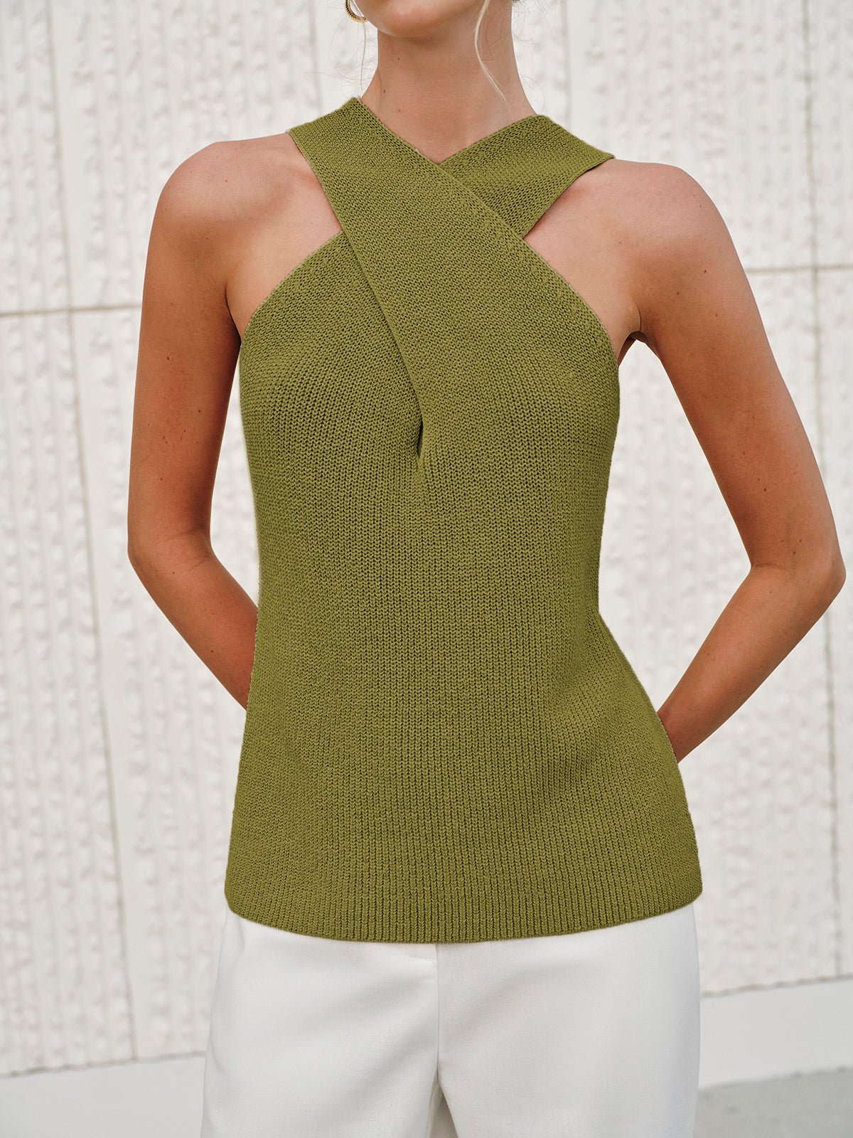 SOERA Ginny Halter Cross - Over Collar Tank Top - Tops -  Green S