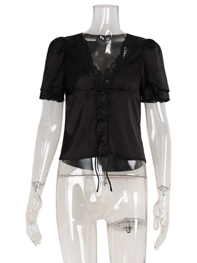SOERA Nathalie Satin Lace Blouse - Tops -  Black M