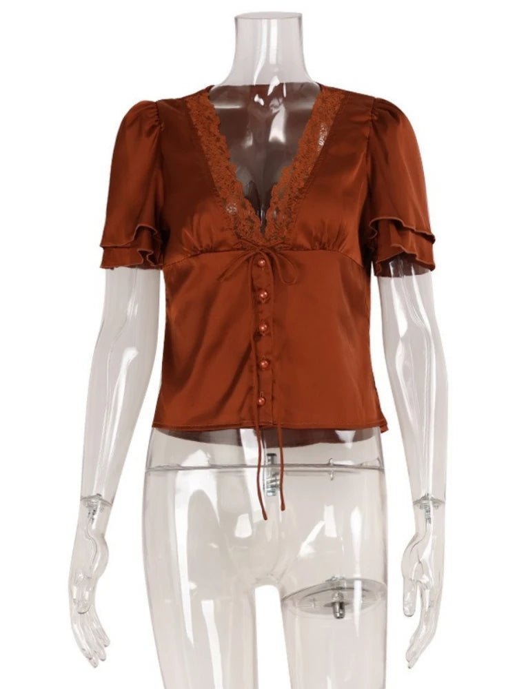 SOERA Nathalie Satin Lace Blouse - Tops -  Rusty Brown S