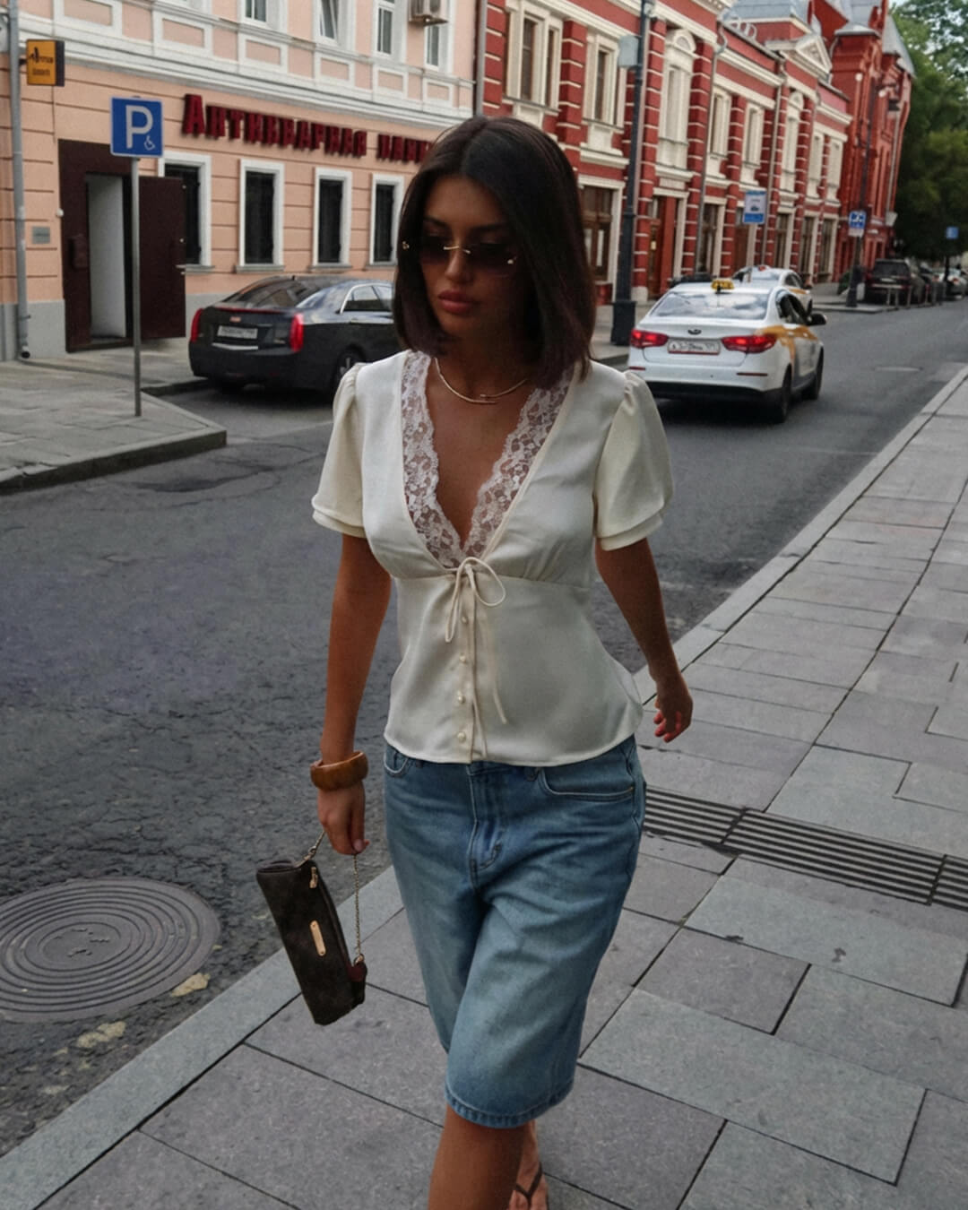 SOERA Rosette Lace Short Sleeve V - Neck Top - Tops - 1005009525072997-;gU1769414230040802161 Champagne L