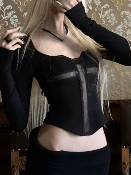 SOERA Wren Lace Patchwork Square Neck Crop Top - Tops - SOERA-150467-BLA-S-27011 Black S