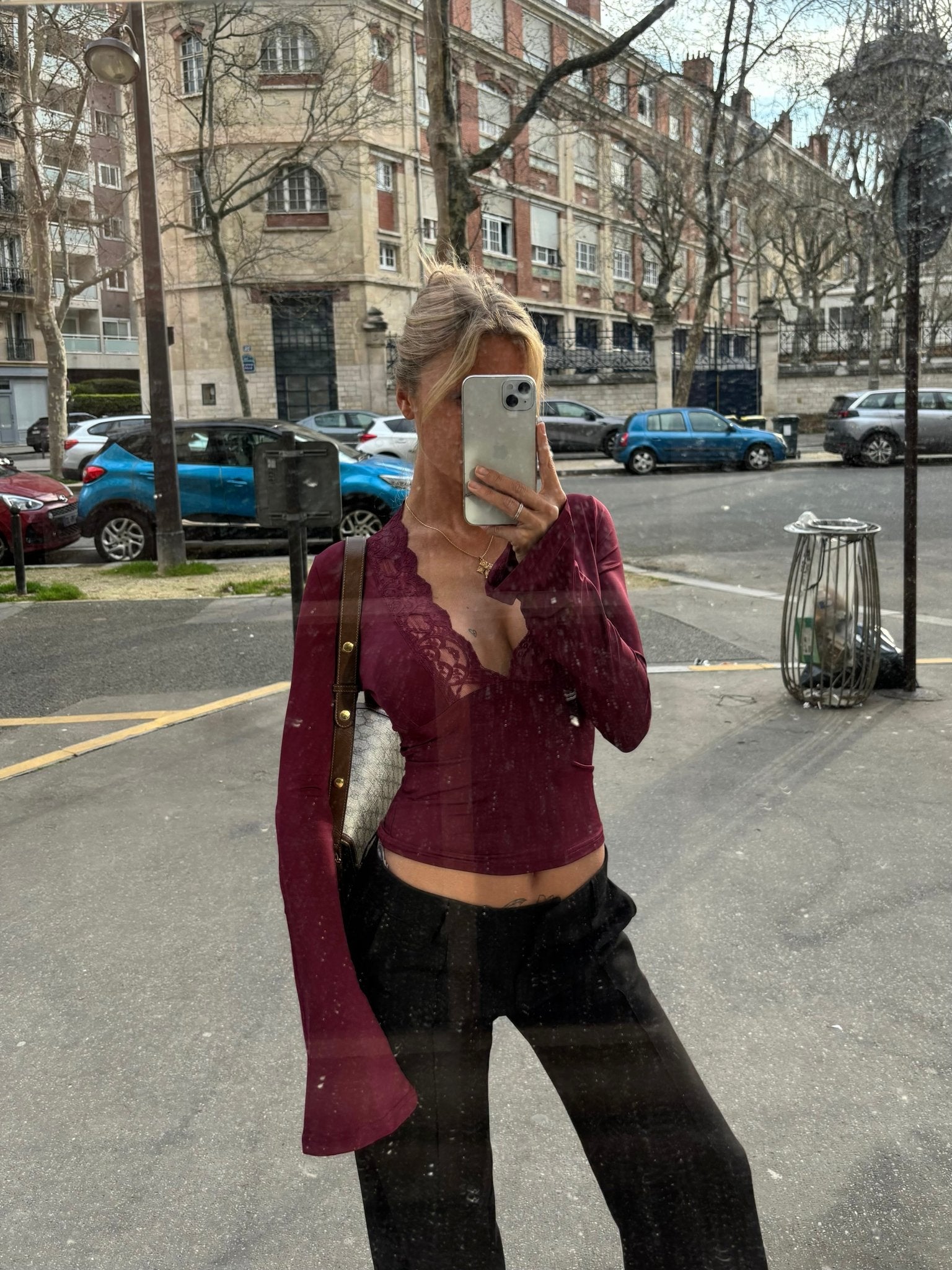 SOERA Long Sleeve Lace Trim Top - Women's Tops - xK1768690473140902491 Burgundy XS